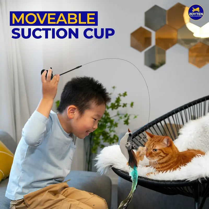 Cat Toy Wand 10-in-1 Interactive Feather Wand with Suction Cup – Hands-Free Indoor Cat Toy