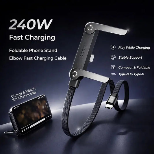 Invisible Stand Type-C Charger Cable – 240W Super Fast Charging 2-in-1 Charging Cord & Foldable Phone Holder for Gaming, Office, Car Travel, Black