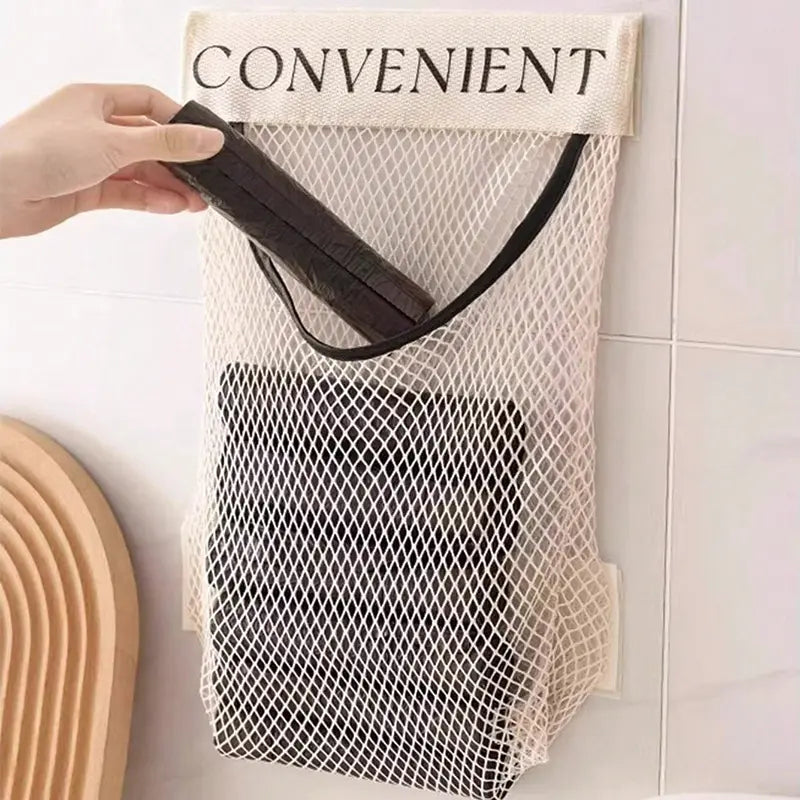 Wall-Mounted Mesh Storage Net Bag - Hangable Kitchen Trash Bag Holder & Space-Saving Home Organizer
