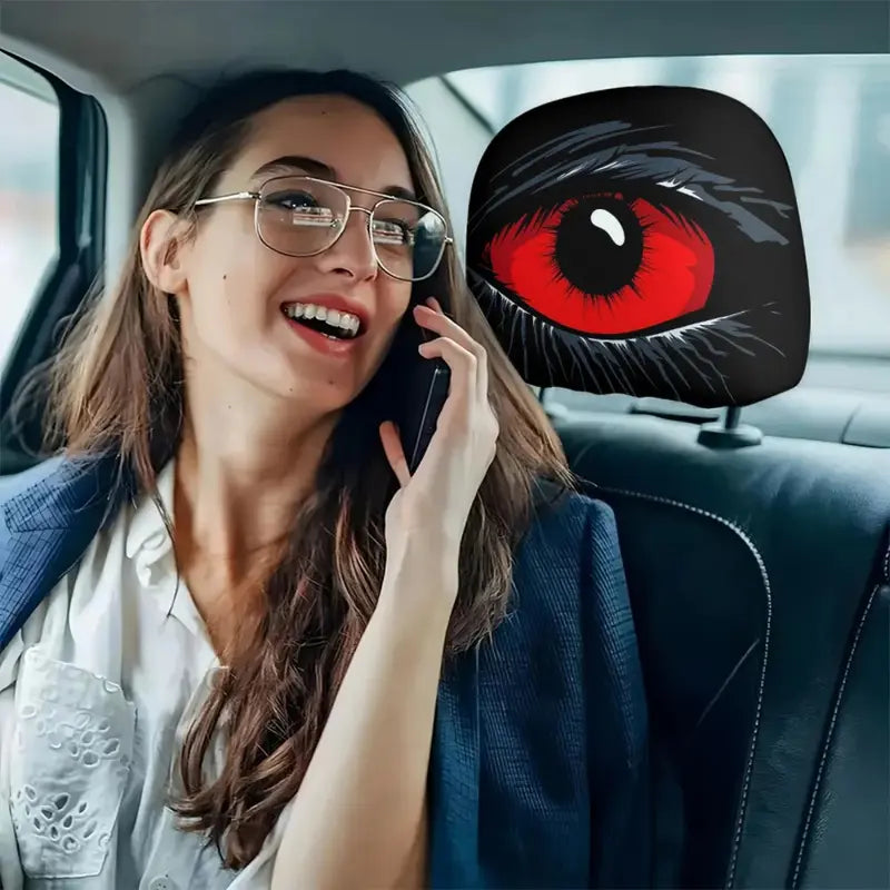 2 Pcs Red Devil's Eye Car Headrest Covers – Gothic Style, Washable