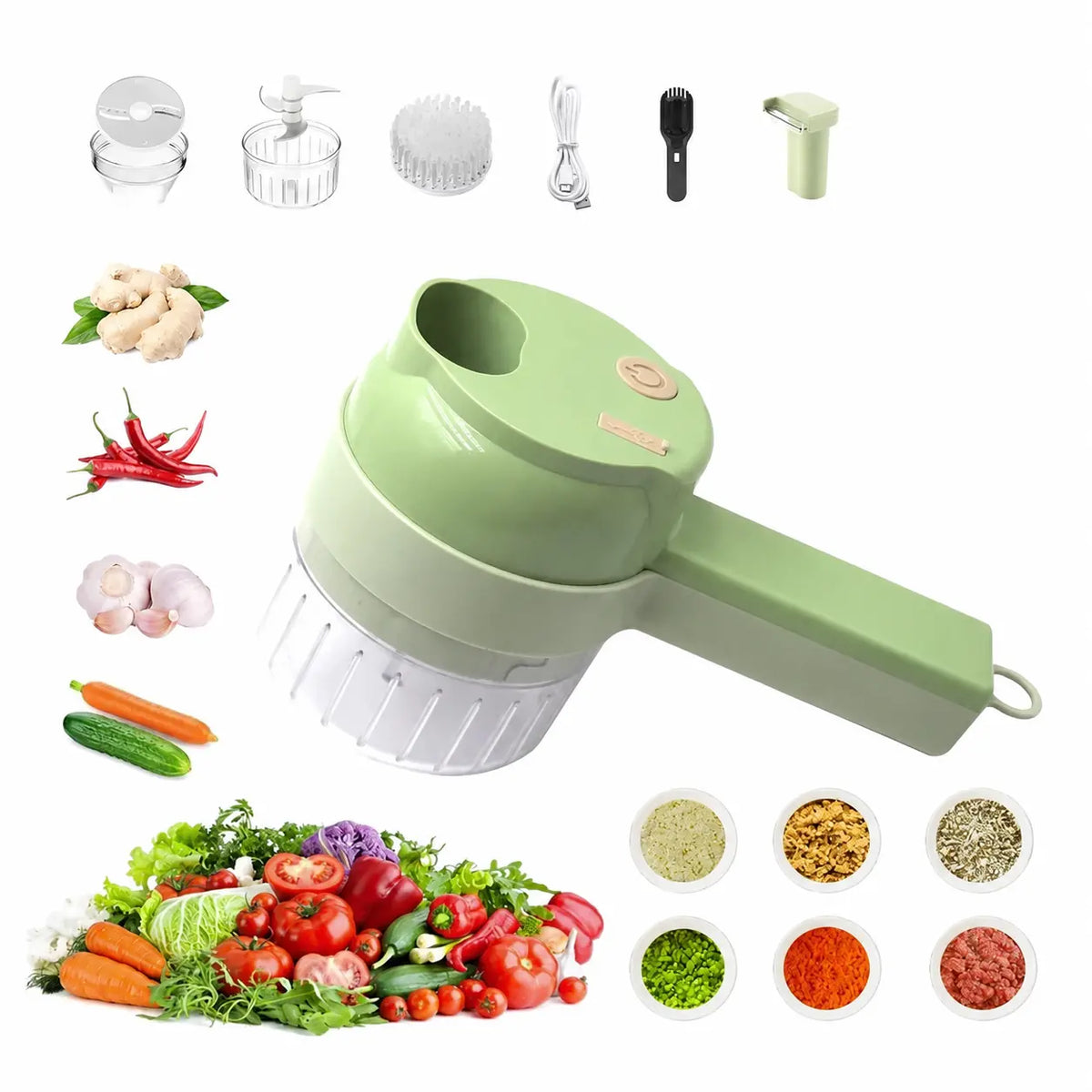 4-in-1 Handheld Electric Food Chopper with accessories and vegetables