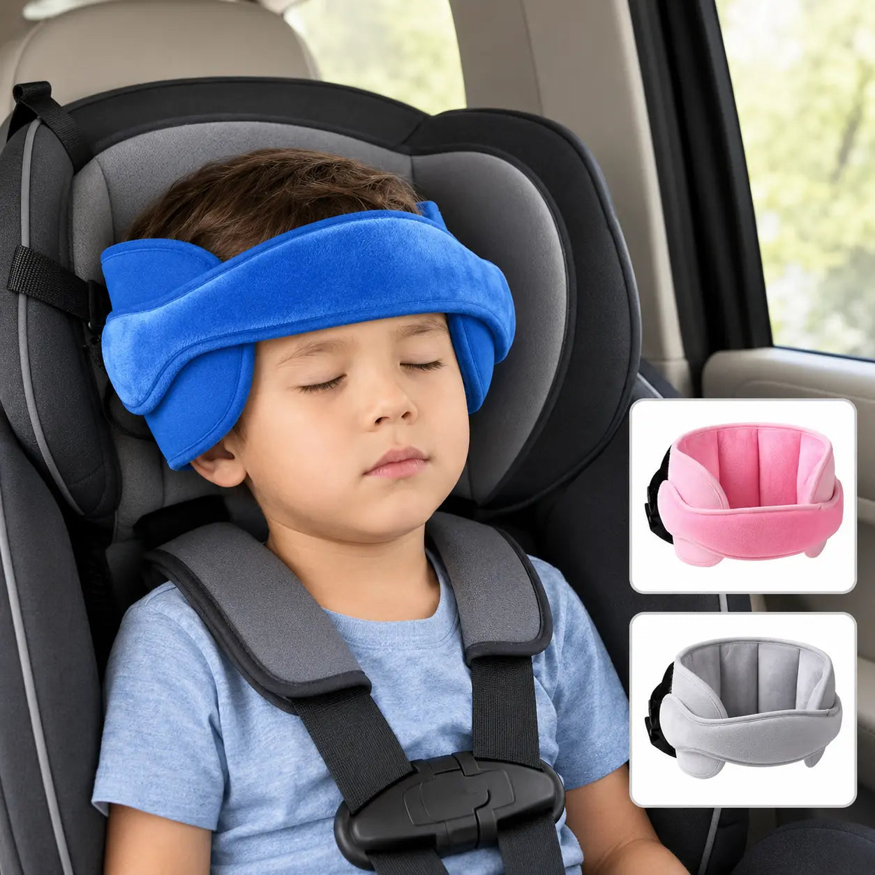 Kids Car Seat Head Support Strap, Soft Plush Adjustable Nap Support Band with Padded Side Cushions, Portable Travel Headrest Accessory for Toddlers and Children, Blue Pink Gray
