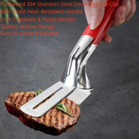 Red-handled 304 stainless steel grill tongs with spatula-style grip