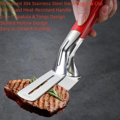 Red-handled 304 stainless steel grill tongs with spatula-style grip