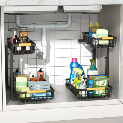 Under-Sink Storage Rack with Sliding Drawers — Height-Adjustable, Metal Pull-Out Shelf, Black & White