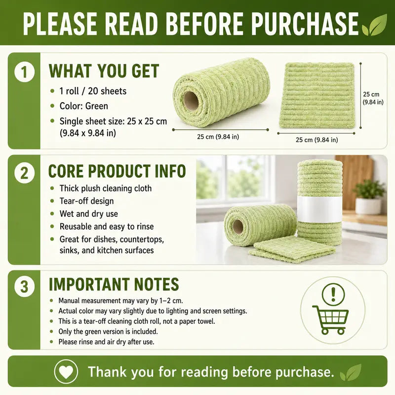 Product info - 1 roll 20 sheets, green color, 25x25cm single sheet size, reusable and easy to rinse