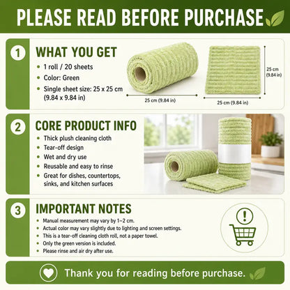 Product info - 1 roll 20 sheets, green color, 25x25cm single sheet size, reusable and easy to rinse