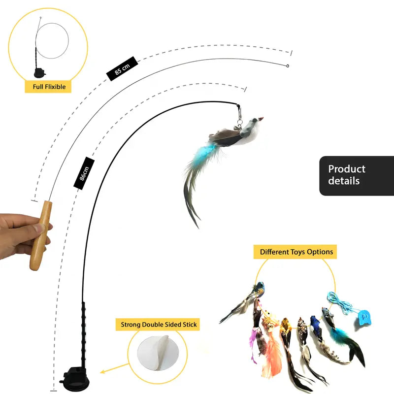 Cat Toy Wand 10-in-1 Interactive Feather Wand with Suction Cup – Hands-Free Indoor Cat Toy