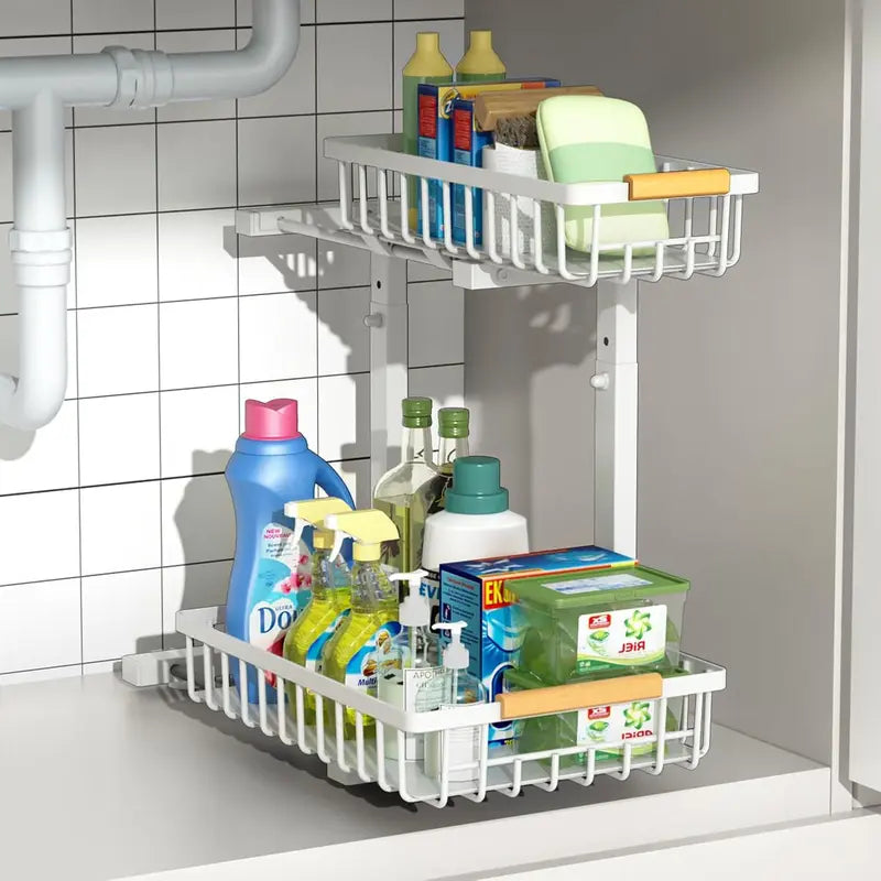 Under-Sink Storage Rack with Sliding Drawers — Height-Adjustable, Metal Pull-Out Shelf, Black & White
