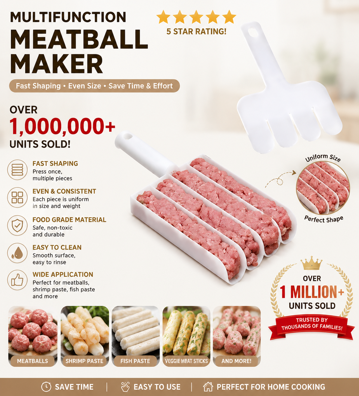 4-in-1 Meatball Maker Set – Quad Baller Mold with Cutting Spade for Meatballs, Fish Balls & Burger Patties