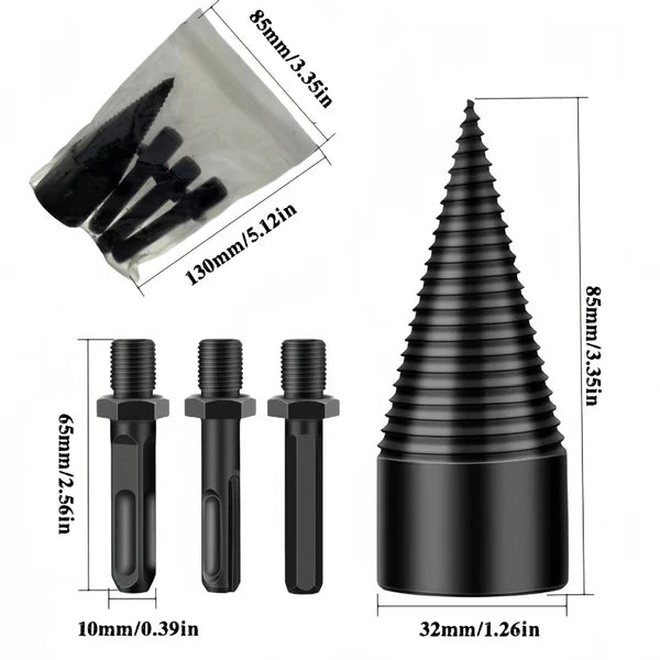 Firewood Splitter Drill Bit Set – Heavy-Duty High Carbon Steel Wood Splitting Cone, 4-Piece Set | Round + Square + Hex Shank | Fits Impact Drill, Electric Hammer & Hand Drill