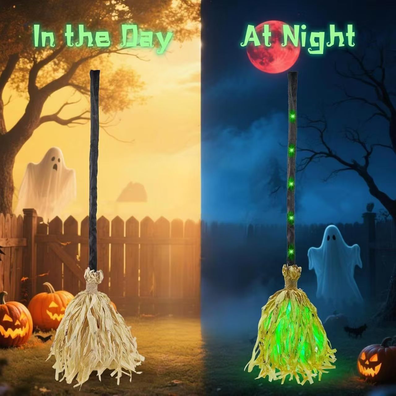 Animated witch broom glowing green in a spooky Halloween witch's library setting