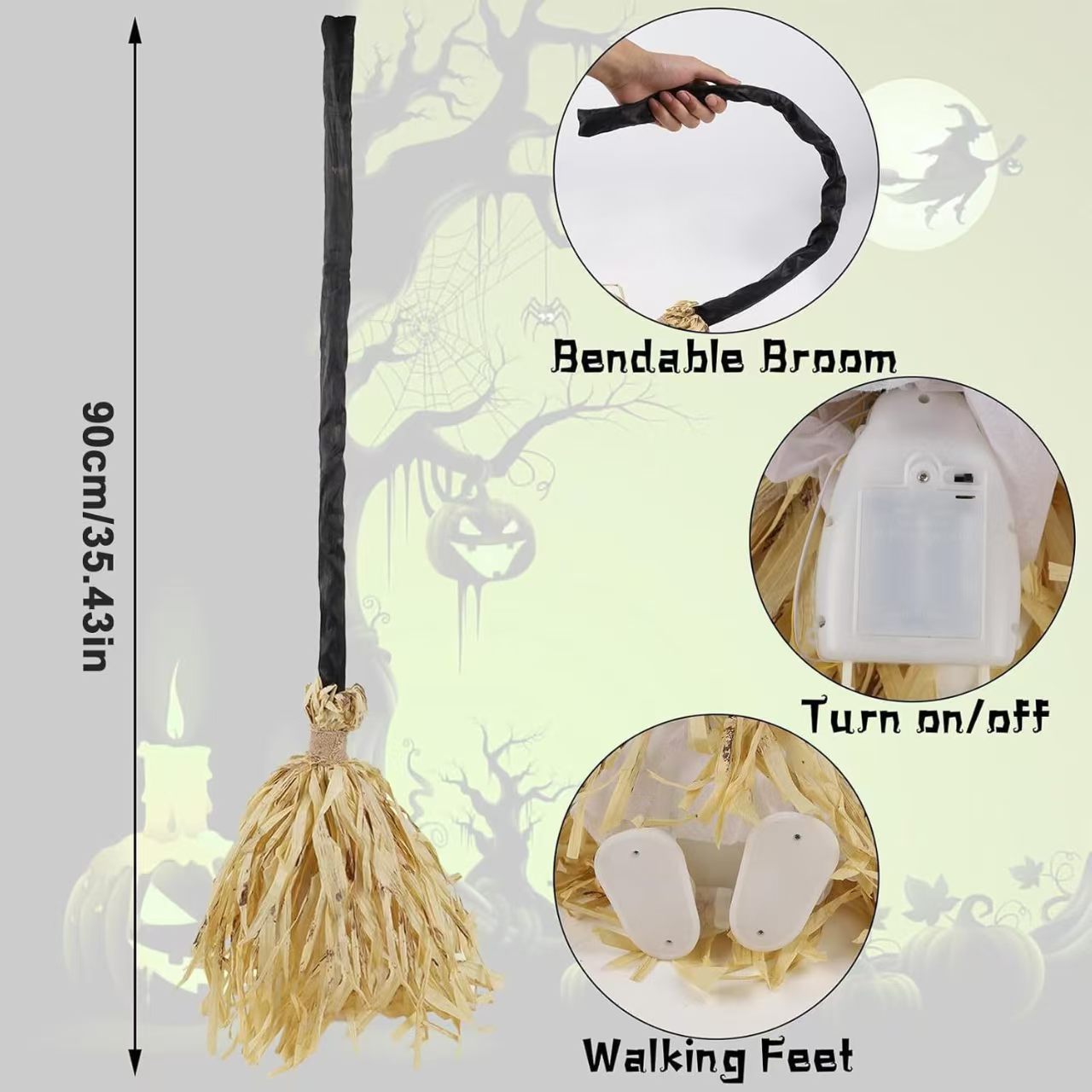 Witch broom day vs night comparison showing green LED lights activated at night