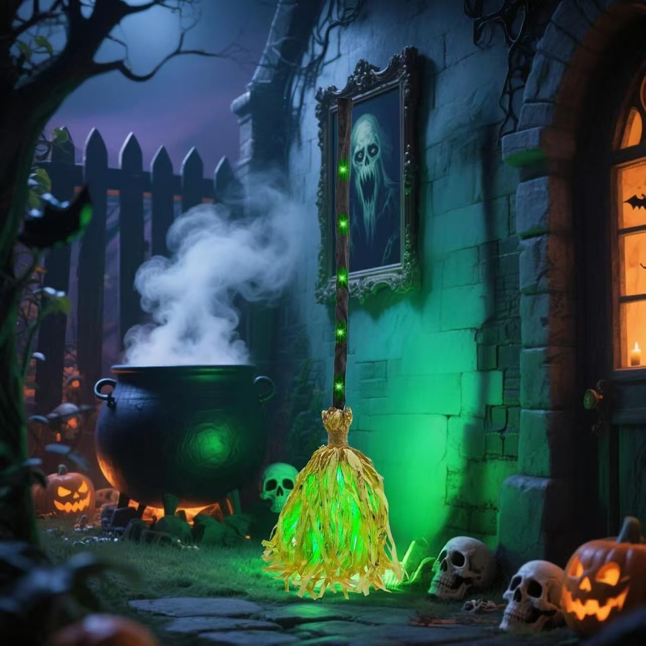 Animated witch broom glowing green outdoors in Halloween haunted yard scene with cauldron and pumpkins