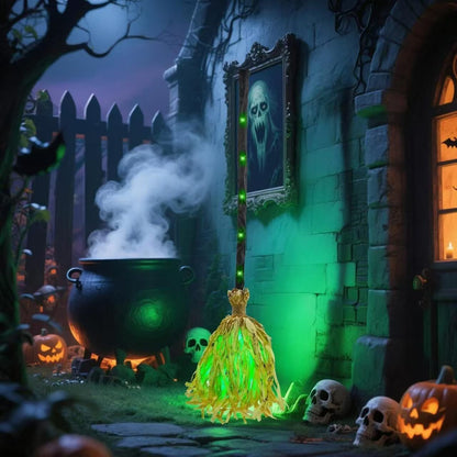 Animated witch broom glowing green outdoors in Halloween haunted yard scene with cauldron and pumpkins