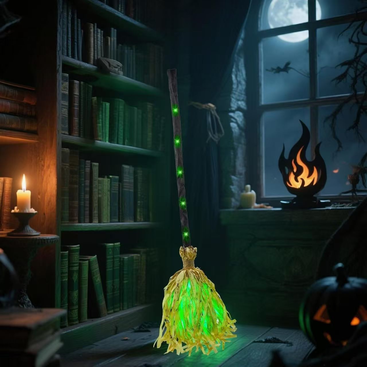 Witch broom dimensions 90cm tall with bendable handle, on/off switch and walking feet features