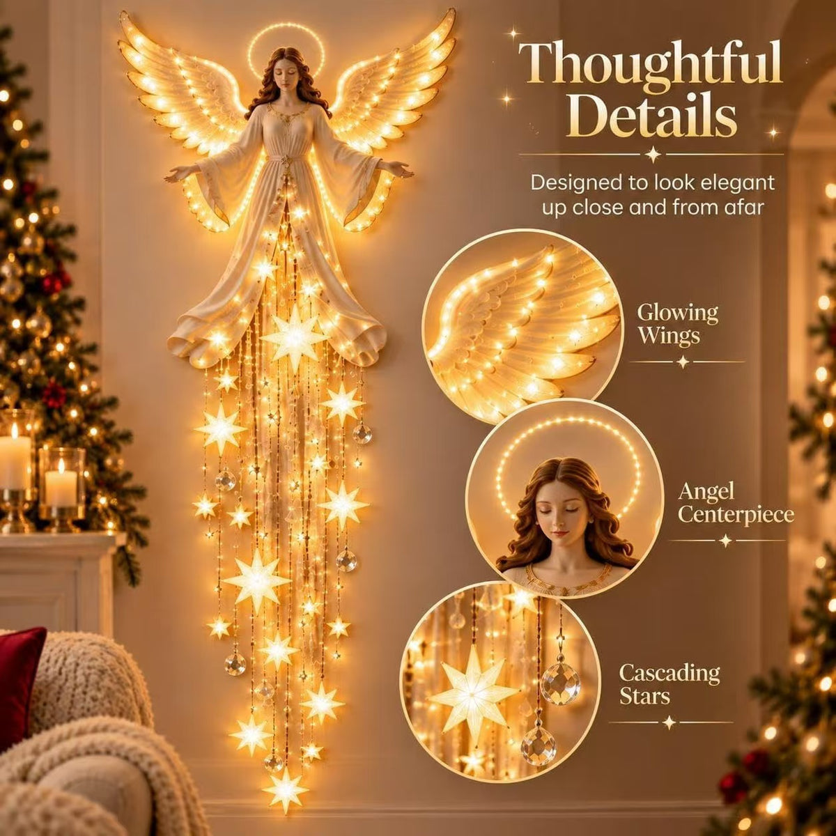 Angel Meteor Wall Lamp shown unlit by day and glowing at night