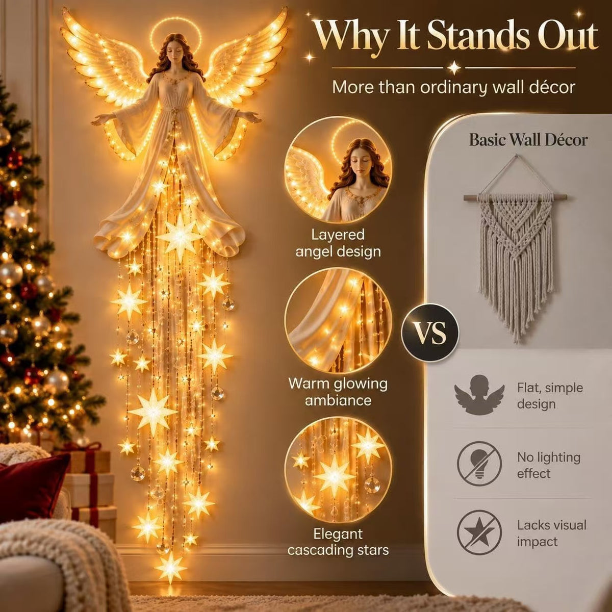 Glowing angel wall lamp with cascading stars and warm lights