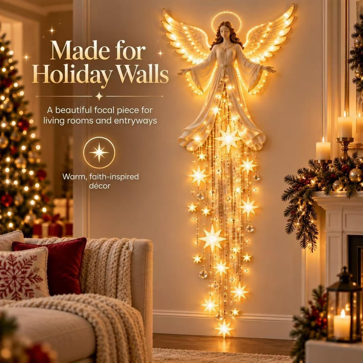 Close-up details of illuminated angel wings, halo and cascading stars