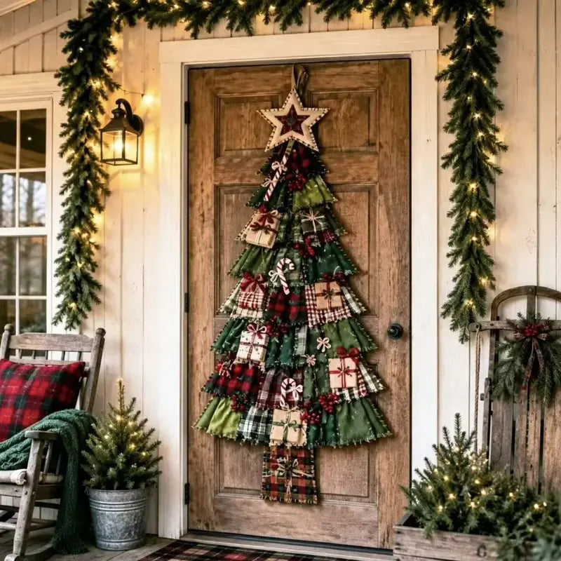 DIY Fabric Christmas Tree Door Hanging Kit - Layered Patchwork Holiday Wall Decor for Front Door, Porch & Home