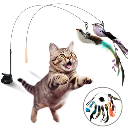 Cat Toy Wand 10-in-1 Interactive Feather Wand with Suction Cup – Hands-Free Indoor Cat Toy