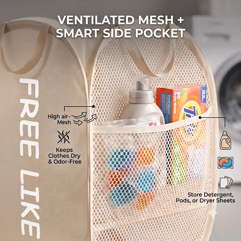 Pop-up mesh laundry basket with ventilated mesh and smart side pocket