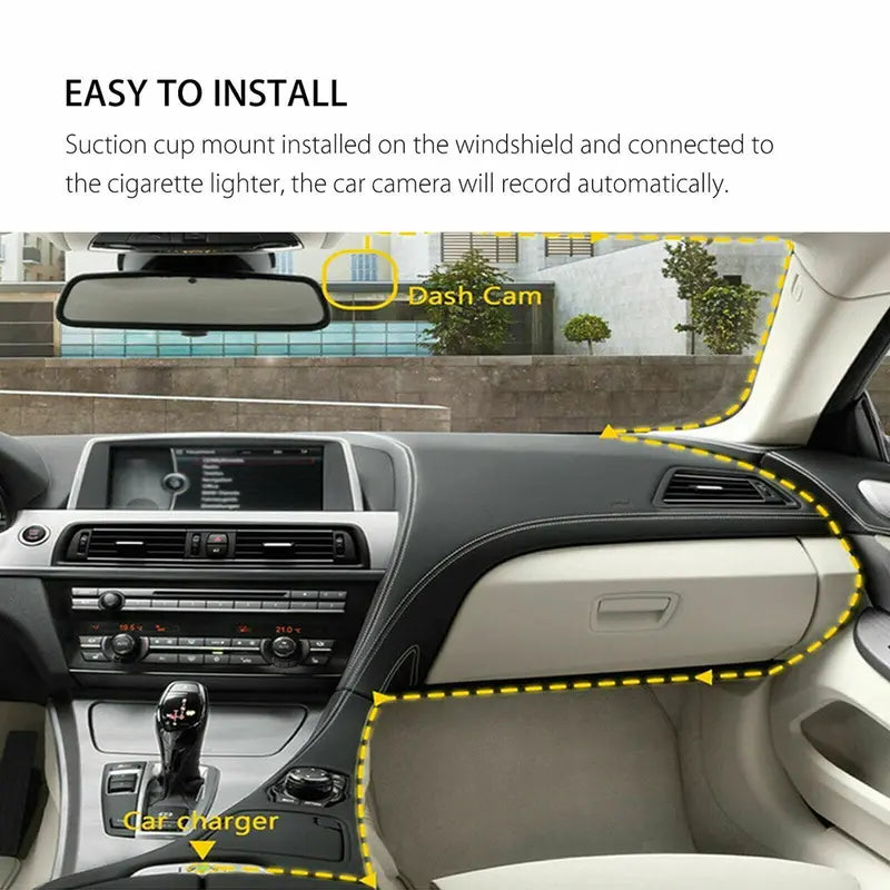 Car dash camera installation with windshield suction mount and car charger