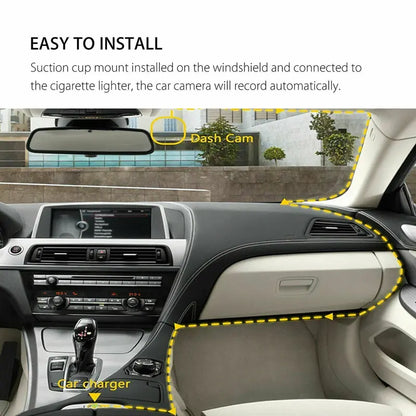 Car dash camera installation with windshield suction mount and car charger
