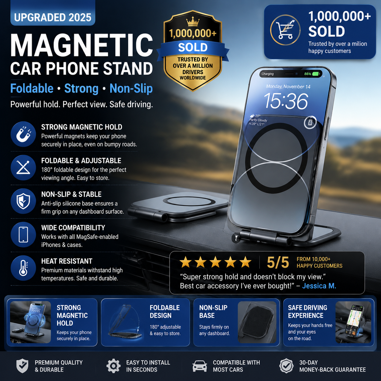 Magnetic Car Phone Mount – N52 Dual Magnet, 360° Rotation, Foldable Dashboard Holder for iPhone & All Phones