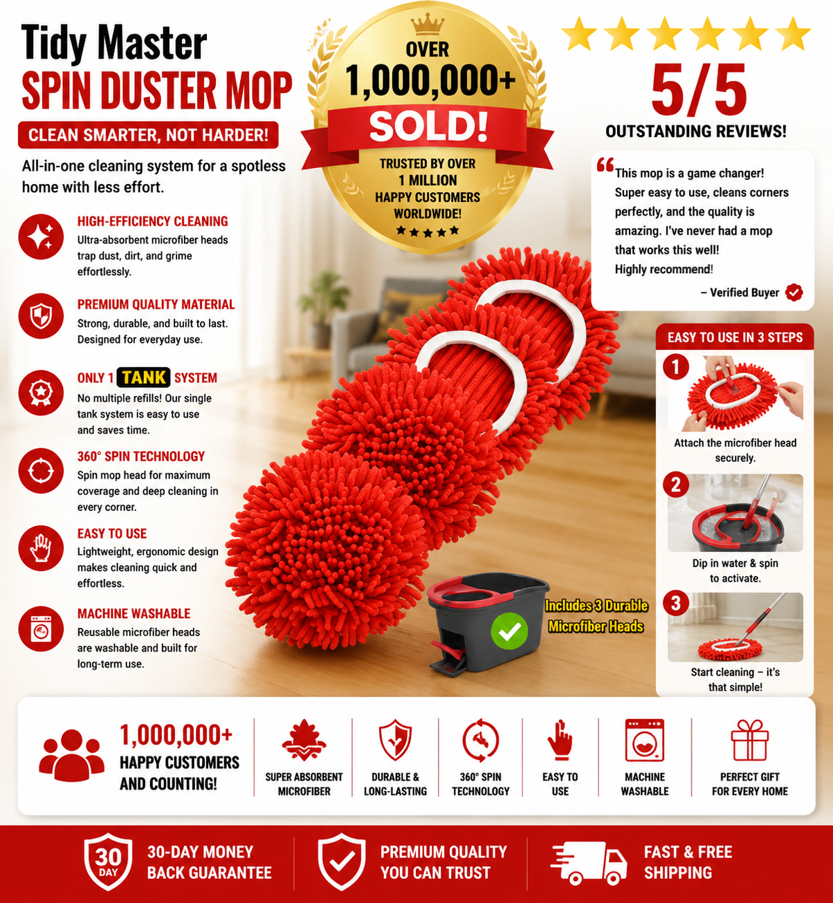 Tidy Monster Chenille Duster Replacement Heads for O-Cedar – 2025 Unique Design, Turns Mop into Long-Handle Duster, Dry Use Only (Bucket & Handle Not Included)