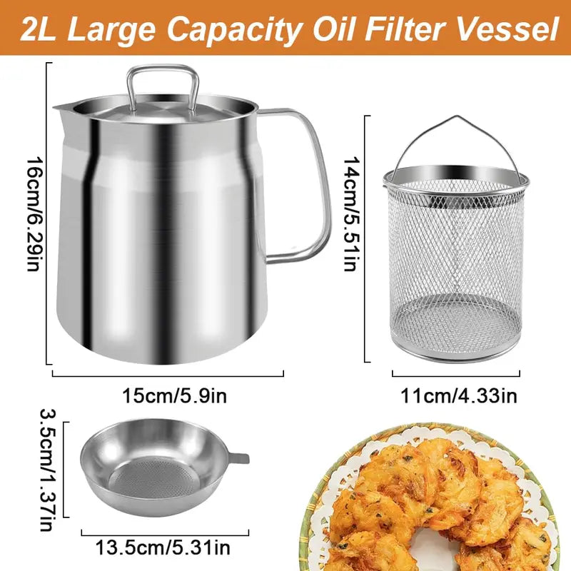 Summervibes 68oz 304 Stainless Steel Deep Fryer Pot with Basket & Strainer — Oil Filter Container for Kitchen, Frying, Cooking & Camping | Dishwasher Safe (68oz / 2L)