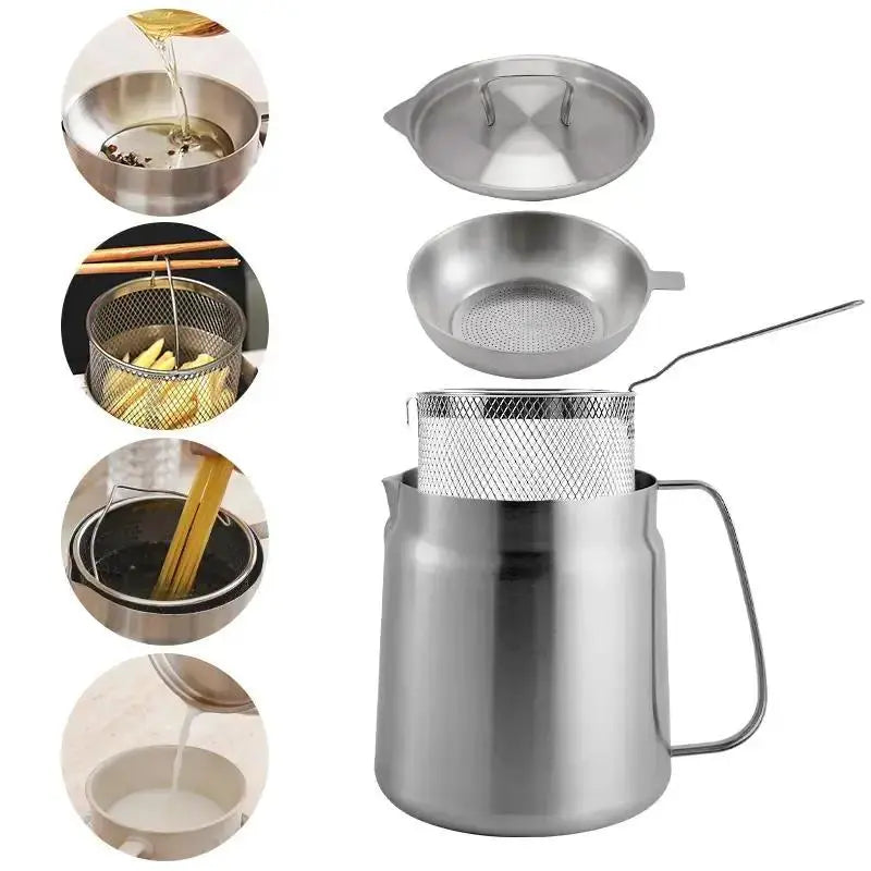 Summervibes 68oz 304 Stainless Steel Deep Fryer Pot with Basket & Strainer — Oil Filter Container for Kitchen, Frying, Cooking & Camping | Dishwasher Safe (68oz / 2L)