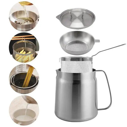 Summervibes 68oz 304 Stainless Steel Deep Fryer Pot with Basket & Strainer — Oil Filter Container for Kitchen, Frying, Cooking & Camping | Dishwasher Safe (68oz / 2L)