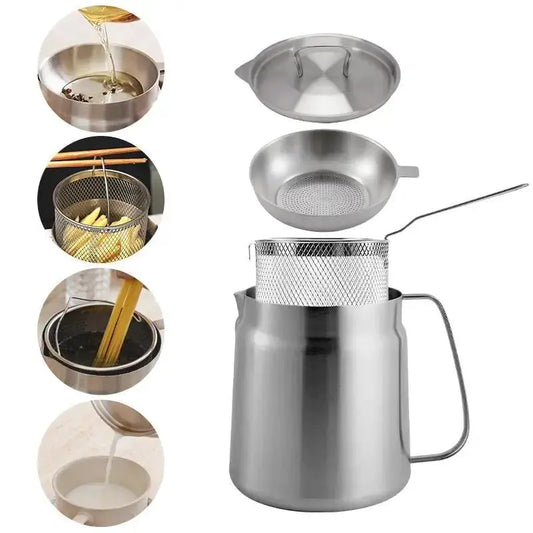 Summervibes 68oz 304 Stainless Steel Deep Fryer Pot with Basket & Strainer — Oil Filter Container for Kitchen, Frying, Cooking & Camping | Dishwasher Safe (68oz / 2L)