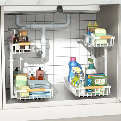 Under-Sink Storage Rack with Sliding Drawers — Height-Adjustable, Metal Pull-Out Shelf, Black & White