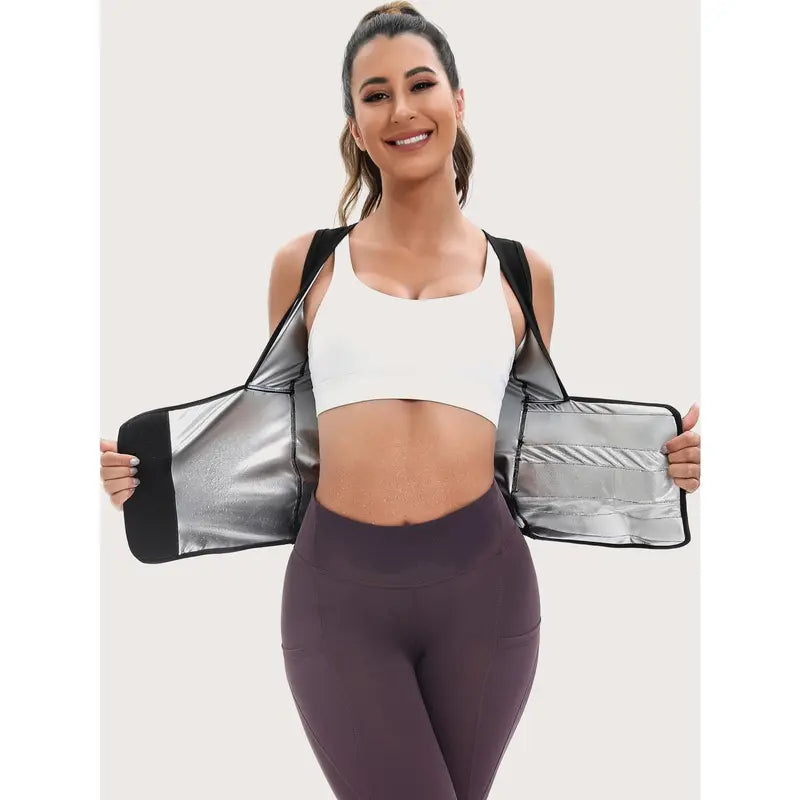Women's sauna suit waist trainer shown open with reflective inner lining