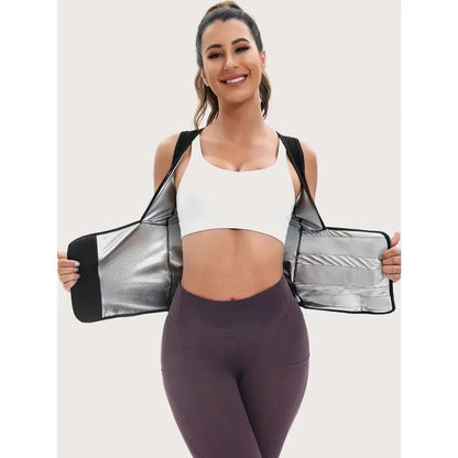 Women's sauna suit waist trainer shown open with reflective inner lining
