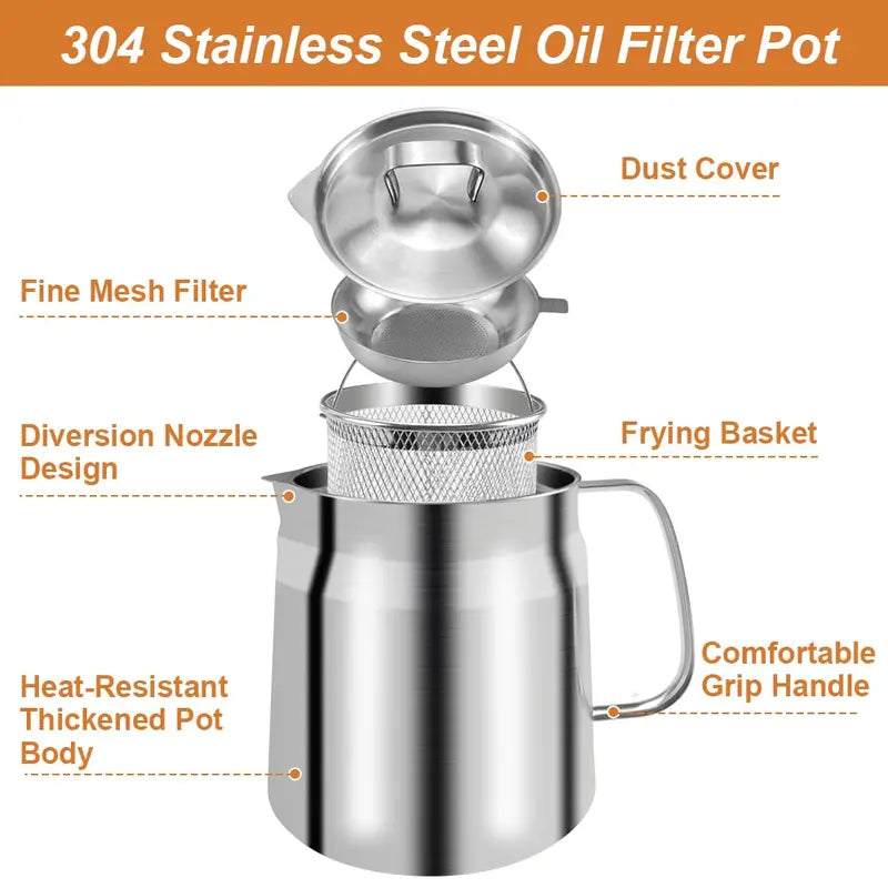 Summervibes 68oz 304 Stainless Steel Deep Fryer Pot with Basket & Strainer — Oil Filter Container for Kitchen, Frying, Cooking & Camping | Dishwasher Safe (68oz / 2L)