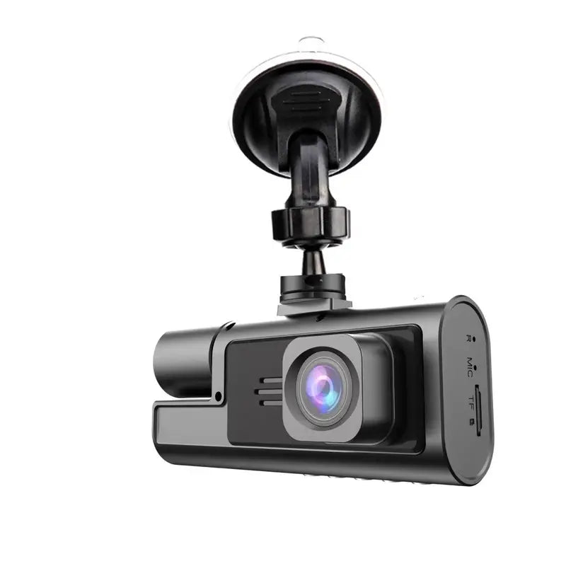 1080P triple-lens car dash camera with suction-cup mount