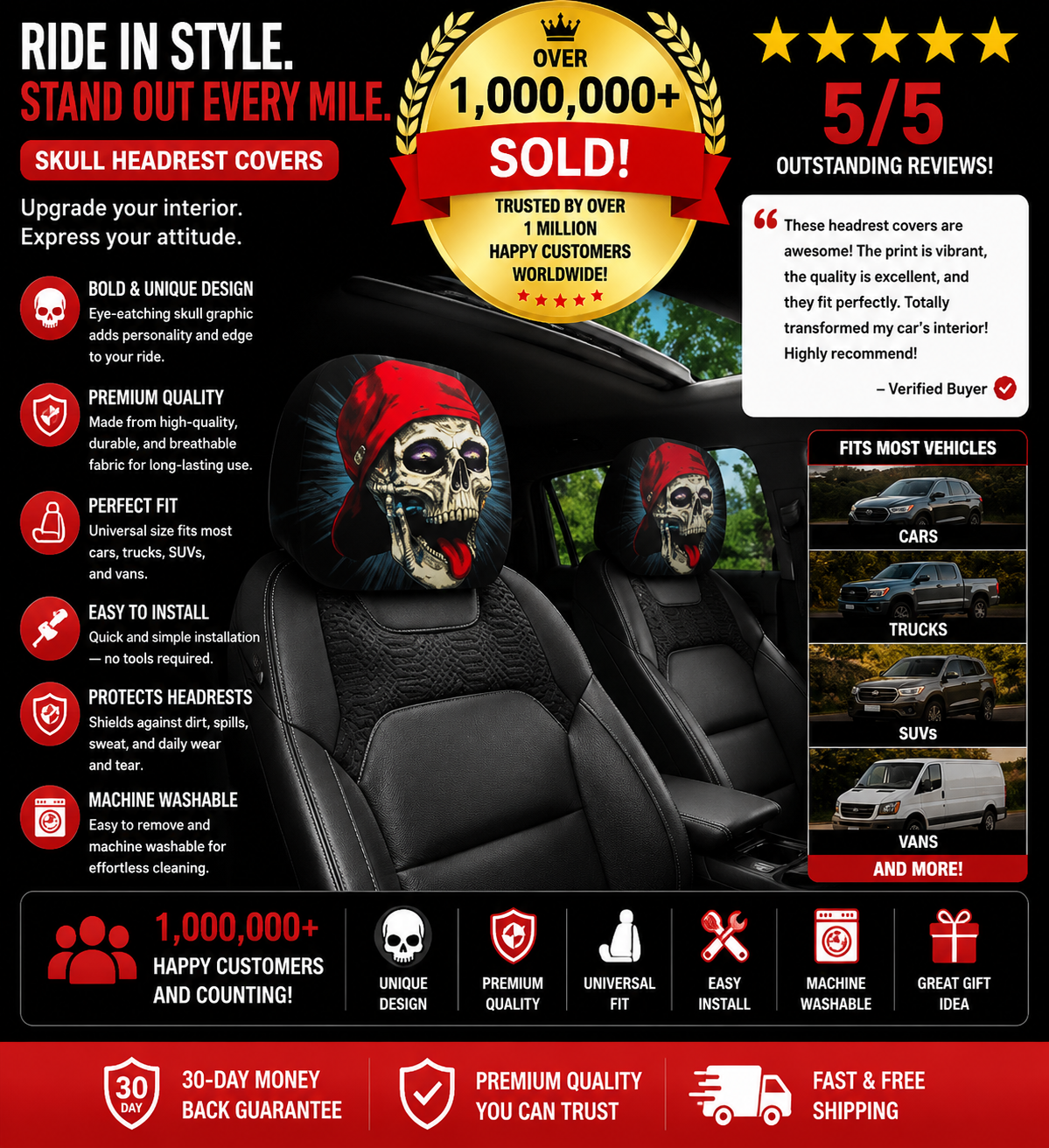 2 Pcs Red Devil's Eye Car Headrest Covers – Gothic Style, Washable