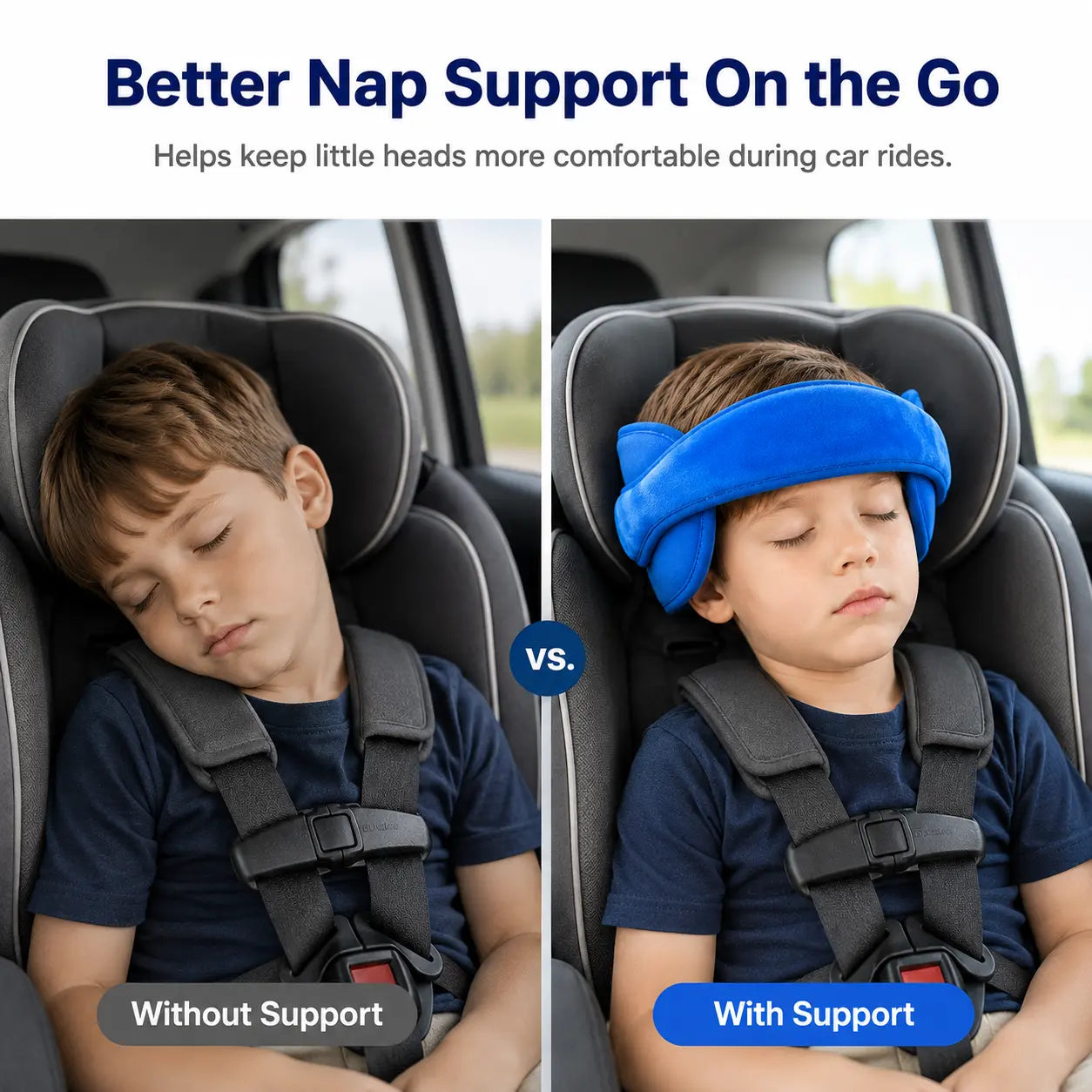 Kids Car Seat Head Support Strap, Soft Plush Adjustable Nap Support Band with Padded Side Cushions, Portable Travel Headrest Accessory for Toddlers and Children, Blue Pink Gray