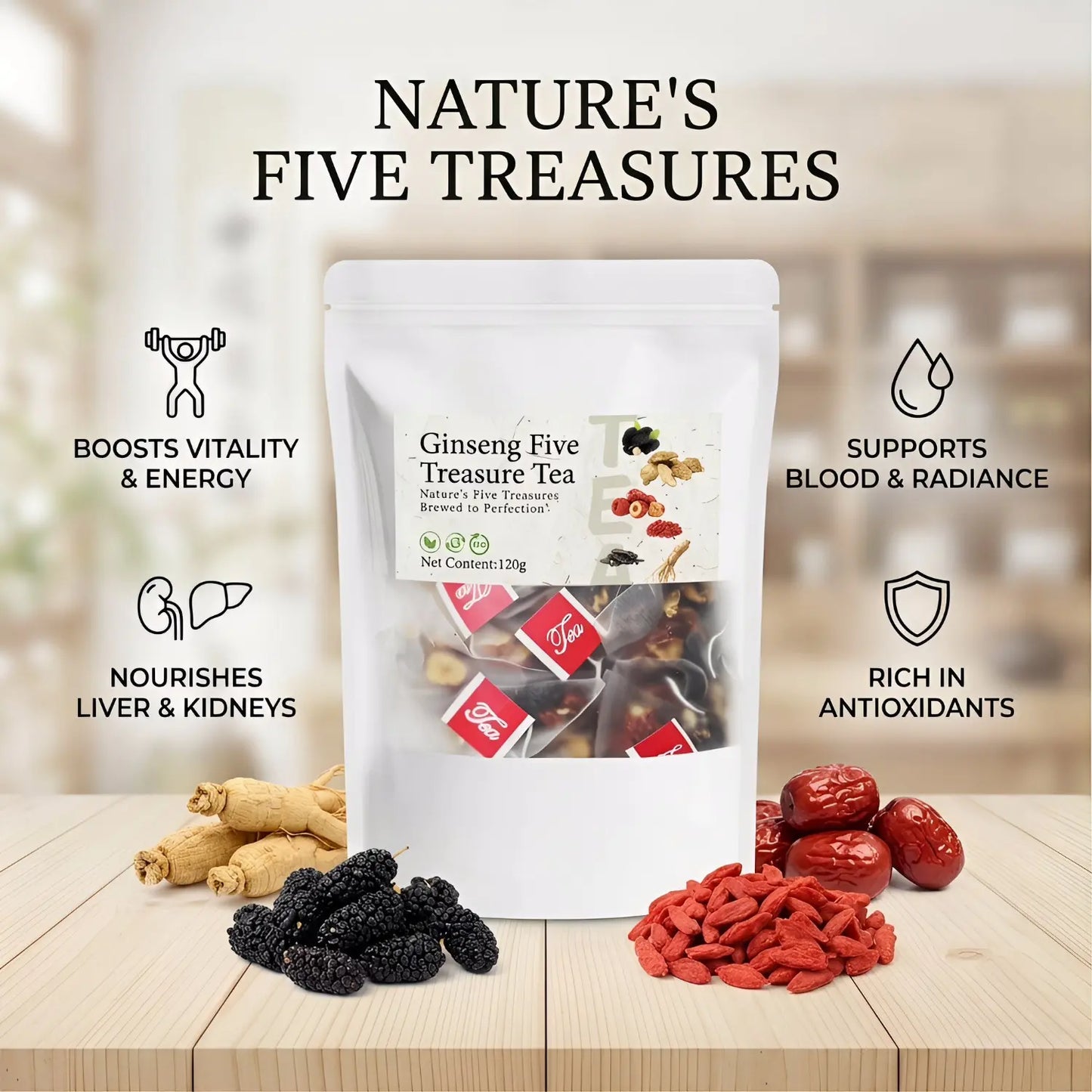 Ginseng Five Treasure Tea – Kidney Tonic Herbal Health Tea for Men (80 Bags) | ZY