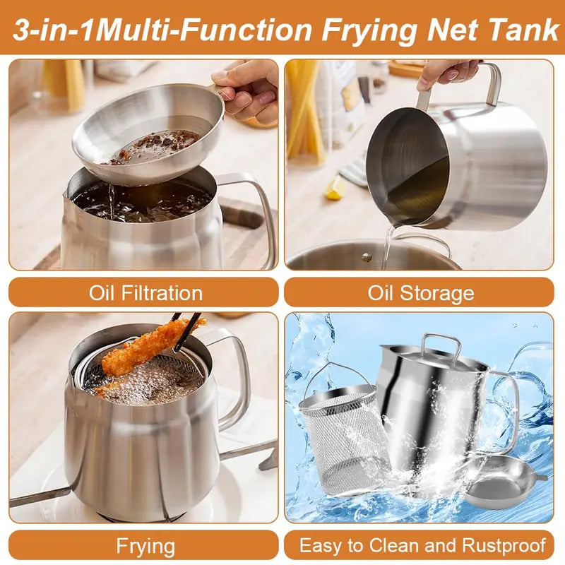 Summervibes 68oz 304 Stainless Steel Deep Fryer Pot with Basket & Strainer — Oil Filter Container for Kitchen, Frying, Cooking & Camping | Dishwasher Safe (68oz / 2L)