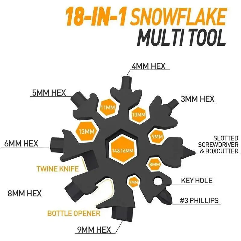 18-in-1 Snowflake Multi-Tool – Stainless Steel Wrench, Screwdriver & Bottle Opener for Outdoor Survival