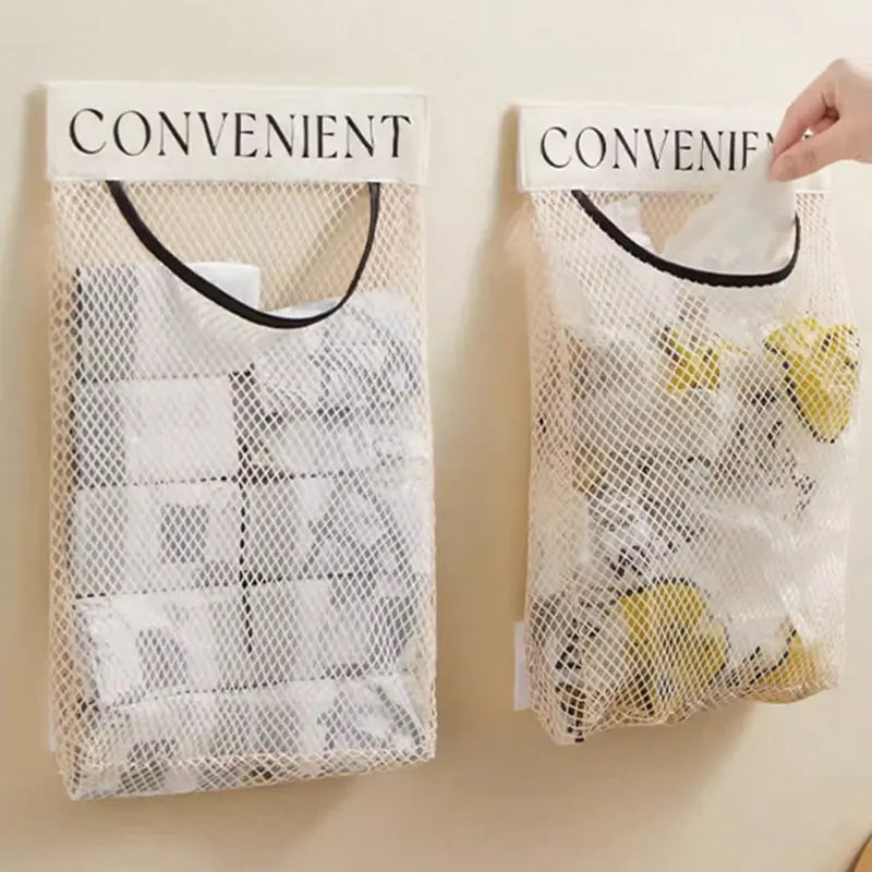 Wall-Mounted Mesh Storage Net Bag - Hangable Kitchen Trash Bag Holder & Space-Saving Home Organizer