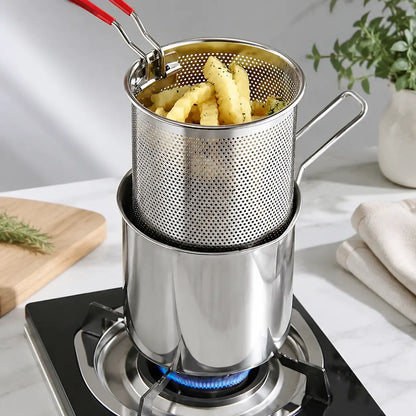 3Pcs Stainless Steel Deep Fryer Set  1-Person Mini Pot with Fry Pot, Filter Basket & Food Clip, Rust-Resistant Portable Cookware for Home Kitchen Chips, Chicken Wings