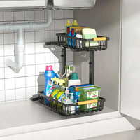 Under-Sink Storage Rack with Sliding Drawers — Height-Adjustable, Metal Pull-Out Shelf, Black & White