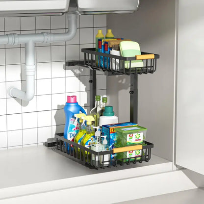 Under-Sink Storage Rack with Sliding Drawers — Height-Adjustable, Metal Pull-Out Shelf, Black & White
