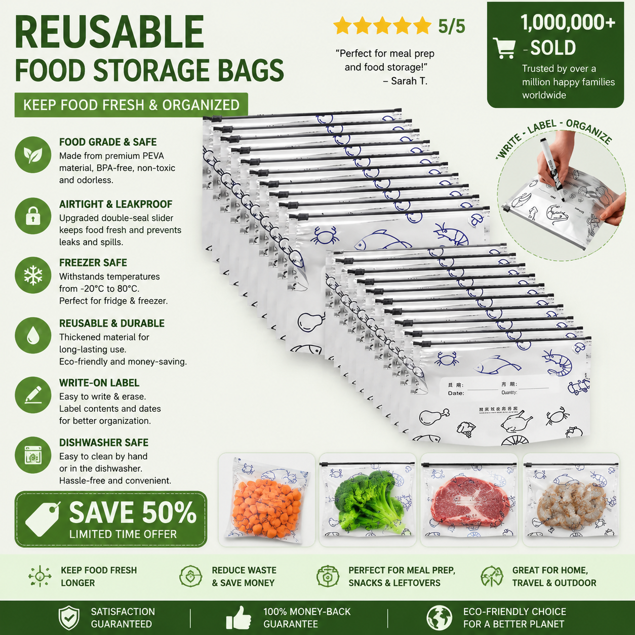Reusable Aluminum Foil Food Storage Bags with Zipper Lock & Labels – Freezer Safe, Stand-Up Design