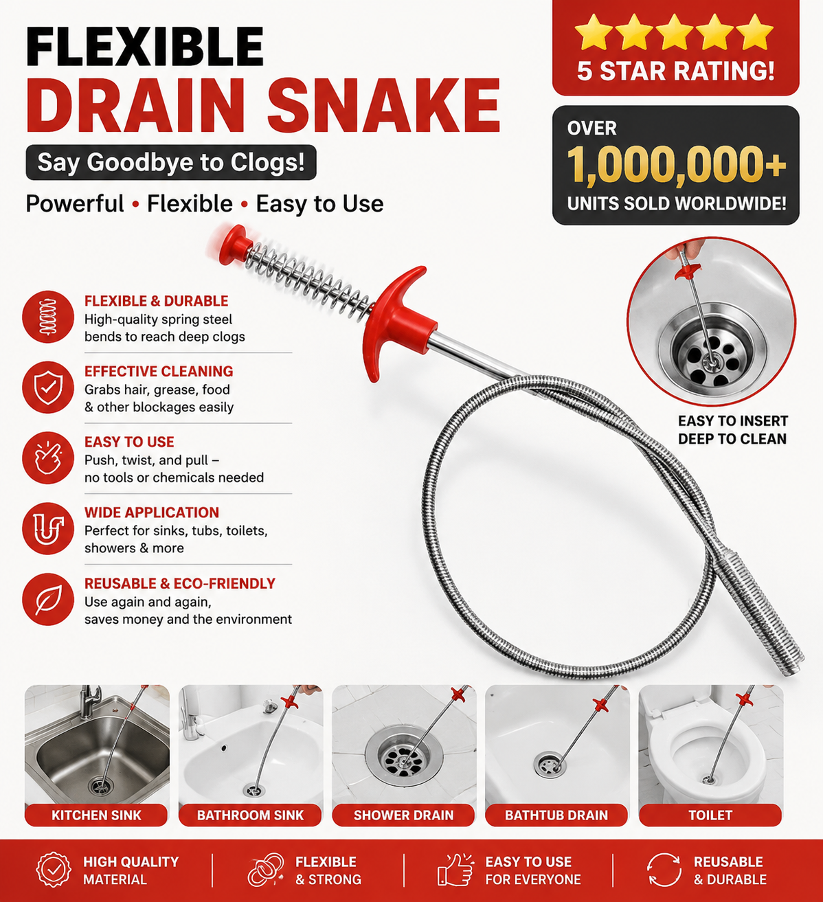 Flexible Grabber Claw Pick Up Reacher Tool with 4 Claws – 78.74 Inch Bendable Drain Snake